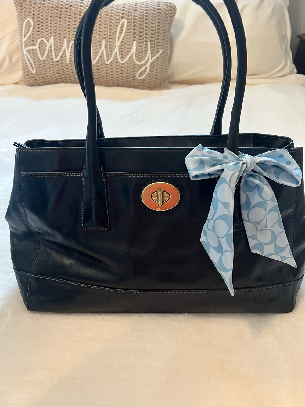 Coach Black Leather Tote with Light Blue Bow Accent